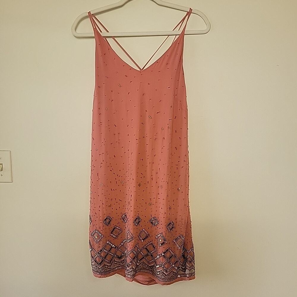 WHITE HOUSE BLACK MARKET Womens S Pink spaghetti strap dress beaded chiffon Club